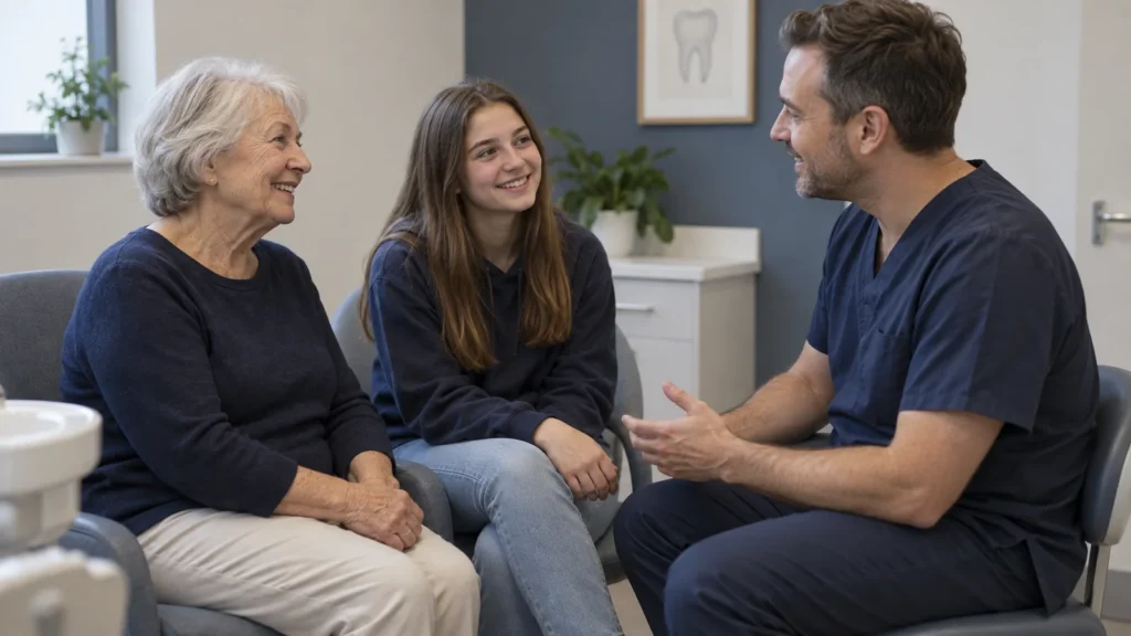 Older woman and teenage girl speak with a dentist in navy scrubs in a small consultation room.