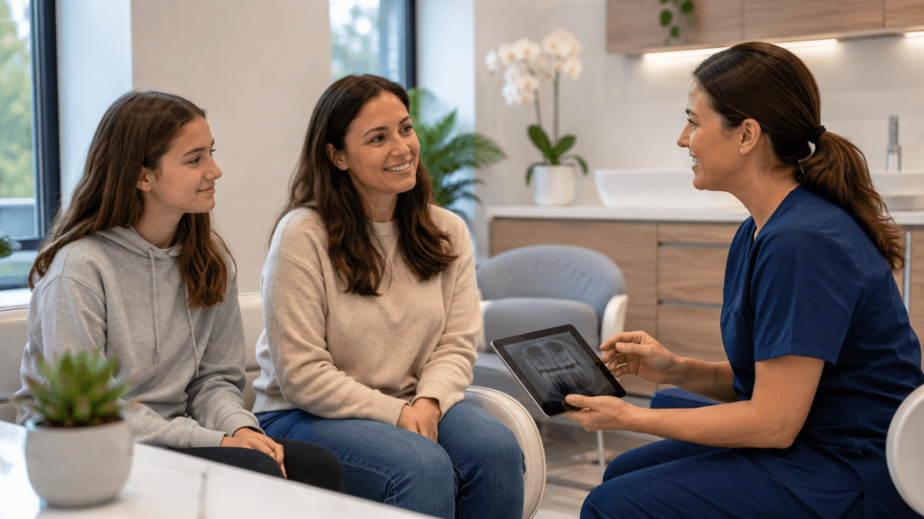A friendly family dentist North London consulting with patients