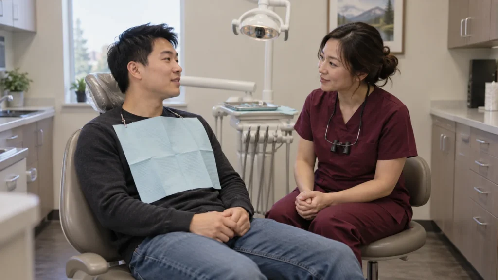 Patient sits upright in a dental chair while a dentist in burgundy scrubs listens beside him.
