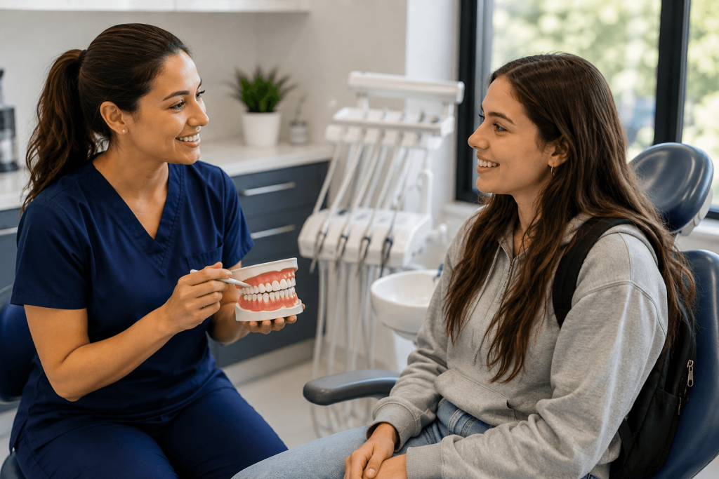 Dental professional speaking with a student about back-to-school dental care.